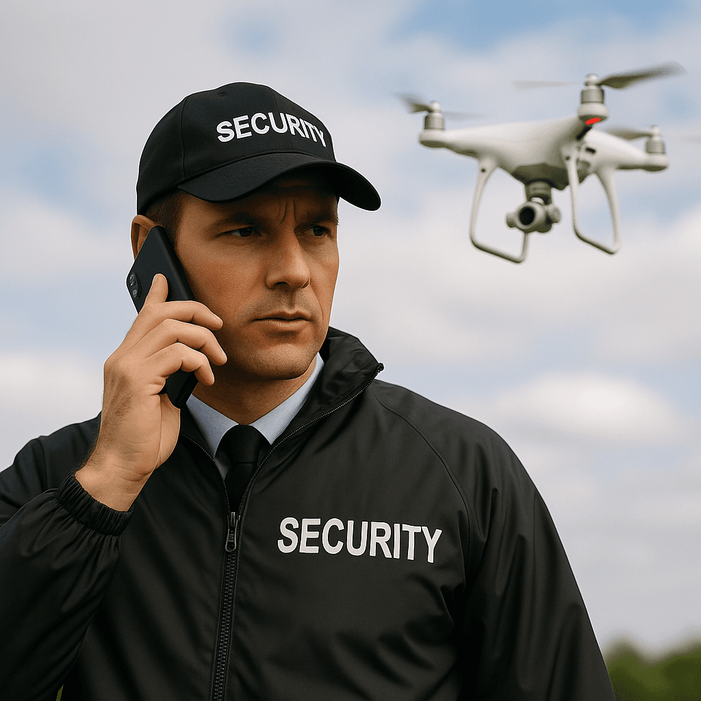 Security operator with patrol drone overhead.