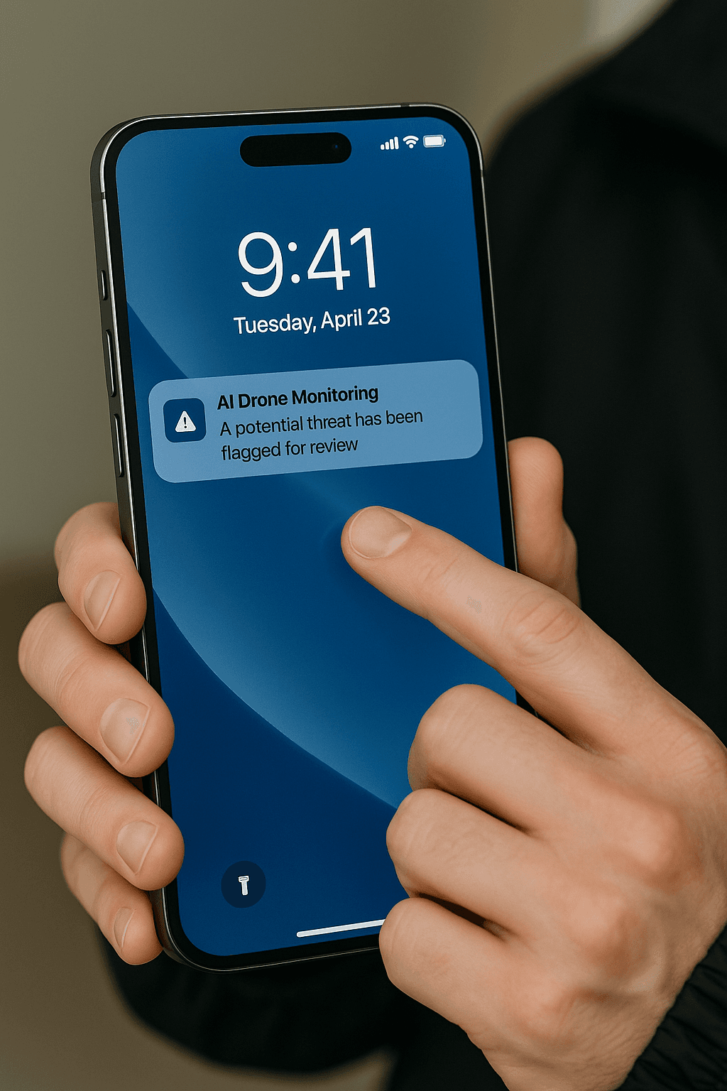Phone lock‑screen showing a Hawk AI alert with GPS and snapshot.
